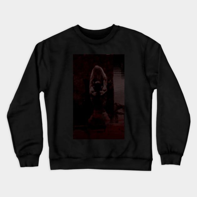 Digital collage, special processing. Strong guy, raised his hands, near big stone. Dark water, mystic. Red, blood. Crewneck Sweatshirt by 234TeeUser234